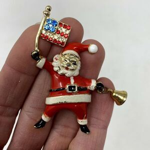 Christmas Beatrix Santa w/ Bell Brooch Red White Blue American Flag Rhinestones